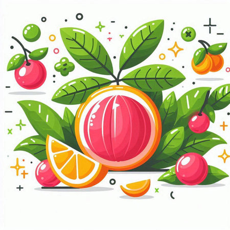 Orange fruit vector illustration. Juicy orange fruit with green leaves and berries.のイラスト素材