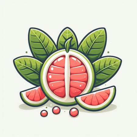 Illustration of a slice of grapefruit with leaves on white backgroundのイラスト素材