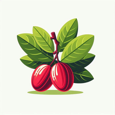 Cacao fruit with green leaves on white background. Vector illustration.のイラスト素材