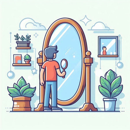 Man looking in the mirror at home. Modern flat vector illustration.のイラスト素材