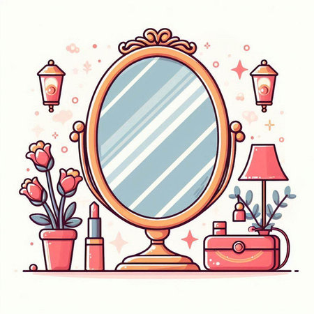 Vector illustration of hand drawn doodle style mirror and flowers.のイラスト素材