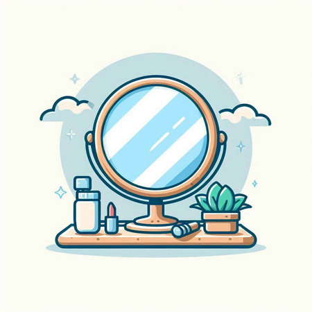 Vector illustration of a hand mirror and cosmetics in a flat style.のイラスト素材