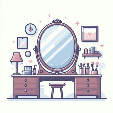 Cartoon illustration of dressing room with mirror and furniture. Vector illustration.のイラスト素材
