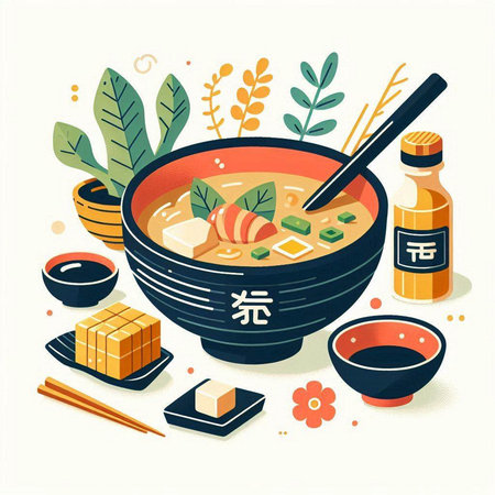 Japanese food vector illustration. Noodle soup in a bowl and chopsticks.のイラスト素材
