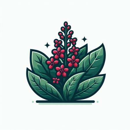 Coffee plant with red flowers and green leaves. Vector illustration.のイラスト素材