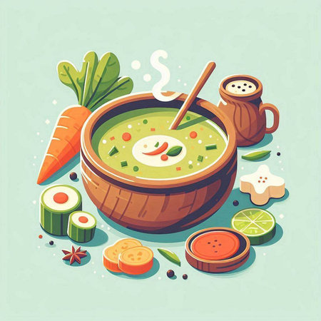 Vector illustration of a bowl of soup with vegetables and spices. Healthy food.のイラスト素材
