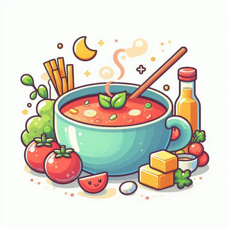 Tomato soup in bowl with ingredients. Vector illustration on white background.のイラスト素材