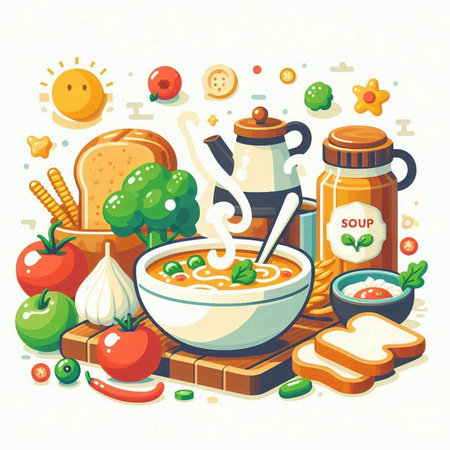 Vector illustration of soup in bowl with ingredients for cooking. Healthy food concept.のイラスト素材