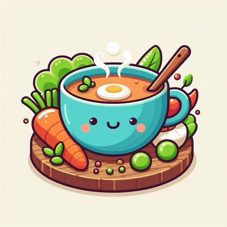 Cute Cartoon Food Illustration of Soup with Carrot, Vegetables and Spicesのイラスト素材