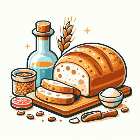 Vector illustration of a loaf of bread, spices, oil and grainsのイラスト素材