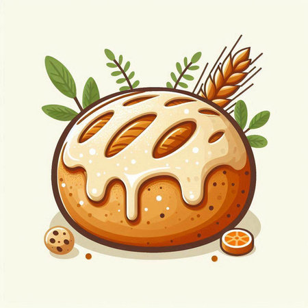 Illustration of a freshly baked bread with wheat ears on a light backgroundのイラスト素材