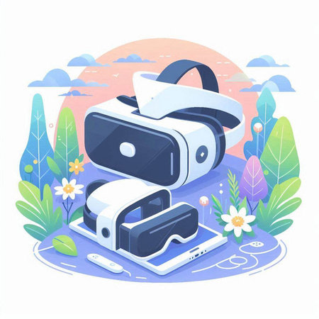 Virtual reality glasses on the background of the nature. Vector illustration.のイラスト素材
