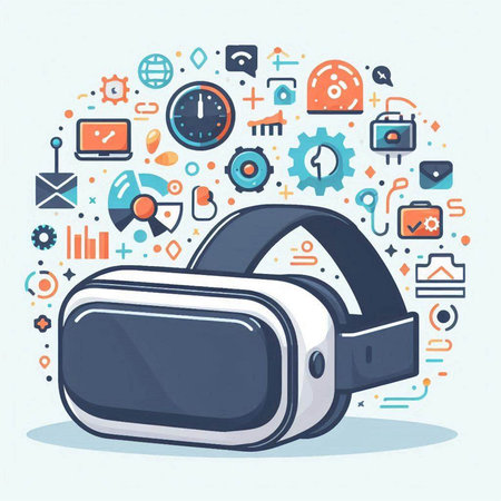 Virtual reality glasses with hand drawn icons. Vector illustration in flat styleのイラスト素材