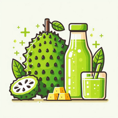 Soursop and smoothie in bottle. Vector illustration in flat style.のイラスト素材