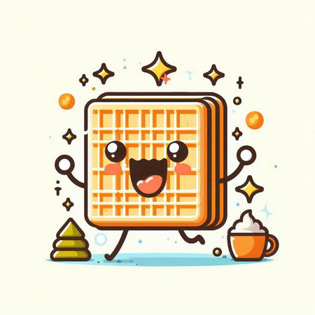 Cute funny waffle character, vector flat cartoon style illustration.のイラスト素材