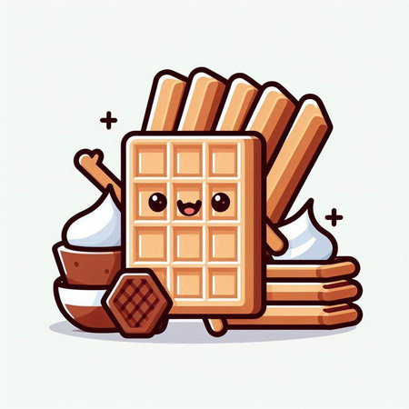 Cute waffle cartoon character with ice cream and chocolate, vector illustration.のイラスト素材