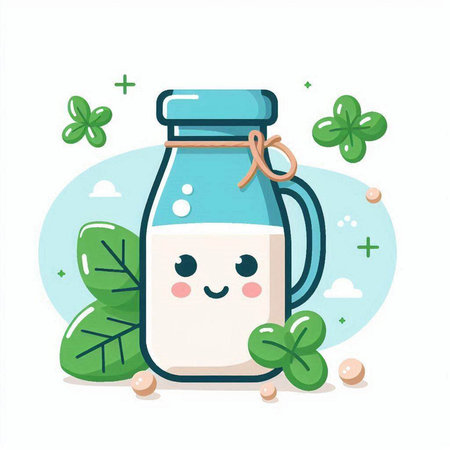 Milk bottle with clover leaves. Cute cartoon style vector illustration.のイラスト素材