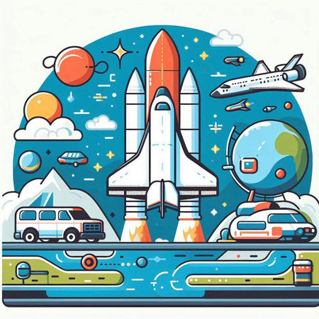 Space travel vector illustration. Spaceship, rocket, spaceship, alien and other objects.のイラスト素材
