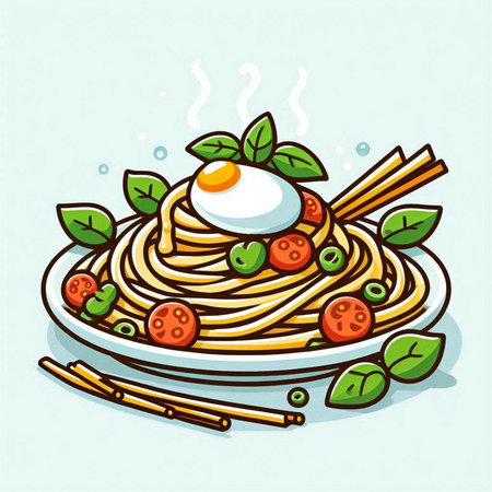 Spaghetti with tomato, basil and poached egg. Vector illustration.のイラスト素材