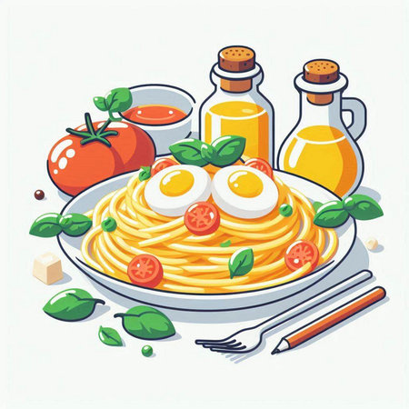 Spaghetti with tomato sauce, eggs and basil. Vector illustration.のイラスト素材