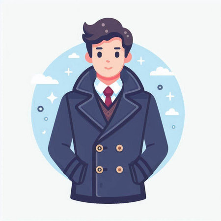 Young man in coat. Vector illustration in a flat cartoon style.のイラスト素材