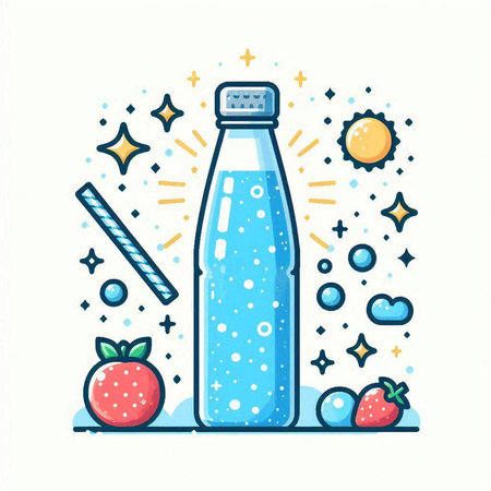 Bottle of water and fruit. Vector illustration in doodle style.のイラスト素材