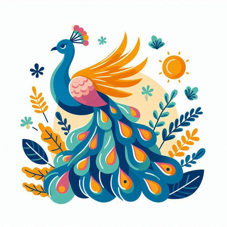 Peacock vector illustration. Peacock with flowers and leaves.のイラスト素材