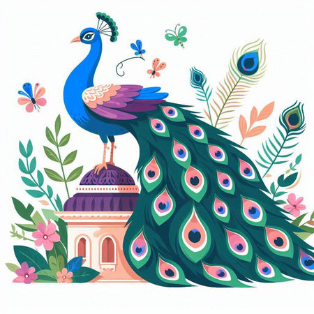 Peacock with flowers and mosque on white background. Vector illustration.のイラスト素材
