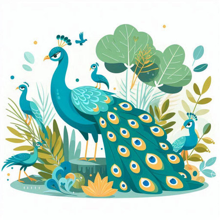 Peacock and butterflies in the garden. Vector illustration in flat style.のイラスト素材