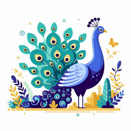 Peacock in the garden. Vector illustration. Flat style.のイラスト素材