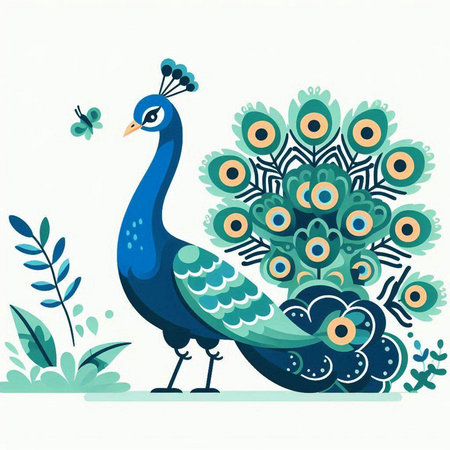 Peacock with flowers. Vector illustration in a flat style.のイラスト素材