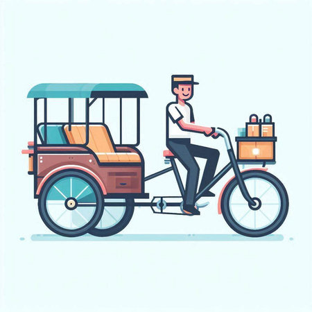Young man riding a bicycle with boxes in his hands. Vector illustrationのイラスト素材