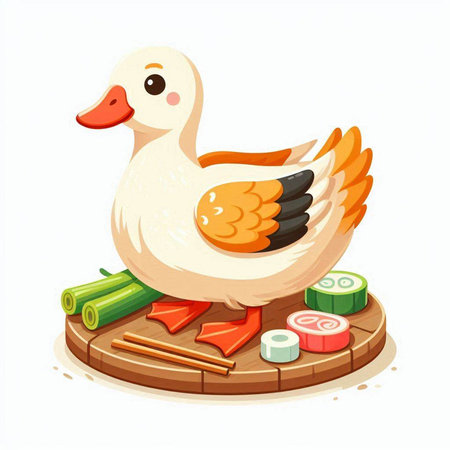 Duck and sushi on a wooden board. Cartoon vector illustration.のイラスト素材