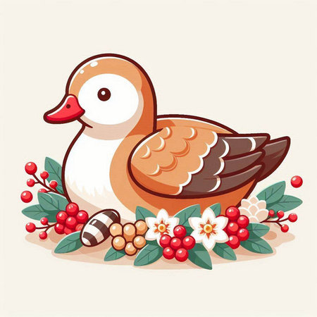Vector illustration of a cute duck on a background of red berries.のイラスト素材