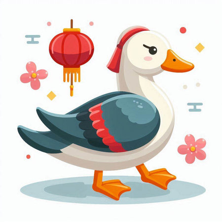 Duck and chinese new year decoration. Vector illustration in cartoon style.のイラスト素材