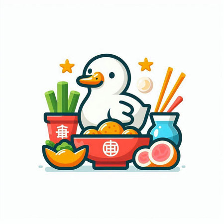 Illustration of cute duck eating rice in bowl with chopsticks and soy sauceのイラスト素材