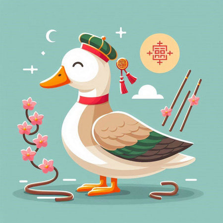 Chinese New Year Greeting Card. Vector Illustration of a Cute Duckのイラスト素材