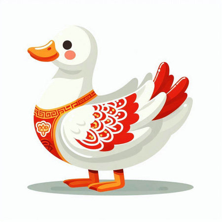 Vector illustration of a cute cartoon white duck with a red pattern.のイラスト素材