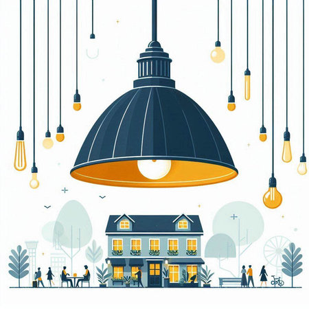 Vector illustration of a street lamp with people and buildings in the backgroundのイラスト素材