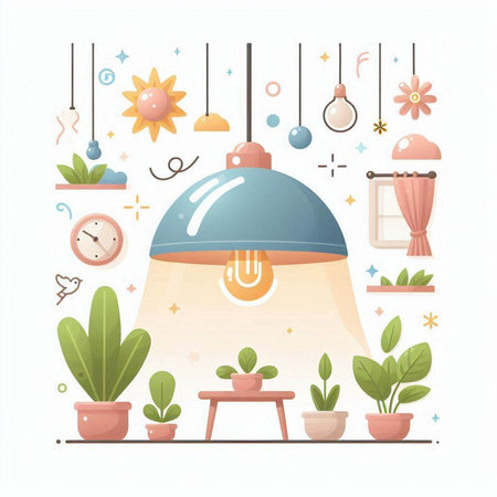 Vector illustration of a lightbulb in the interior. Flat style.のイラスト素材