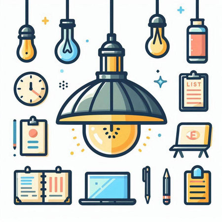 Vector line art design style illustration of light bulb, lamp, laptop, notebook, pen, eraser, pencil, paper clip and other objects.のイラスト素材