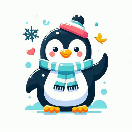Cute cartoon penguin with a scarf and hat, vector illustrationのイラスト素材