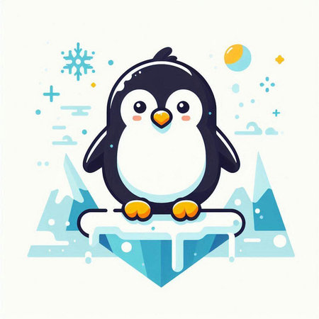 Cute penguin sitting on ice floe. Vector illustration.のイラスト素材