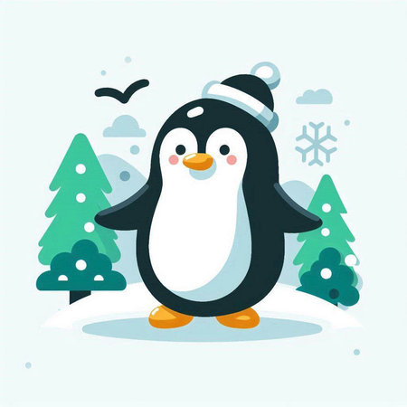 Cute cartoon penguin in the winter forest. Vector illustration.のイラスト素材
