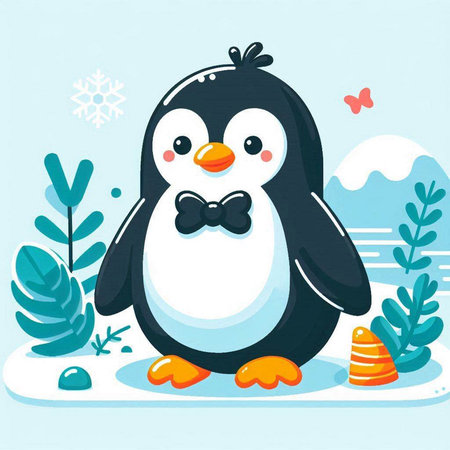 Cute penguin with bow tie on snow background. Vector illustration.のイラスト素材