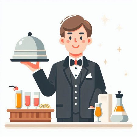 Bartender serving food in the restaurant. Vector illustration in flat styleのイラスト素材