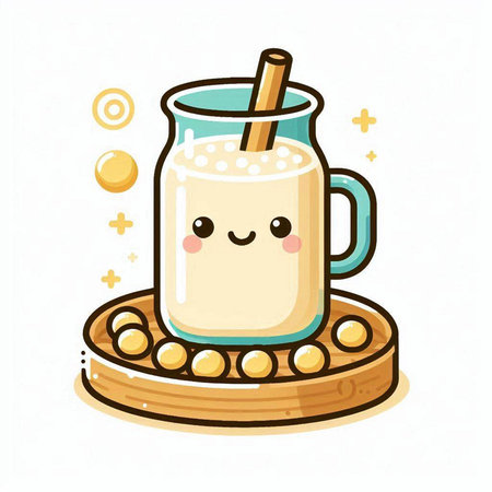 Cute cartoon milkshake with cinnamon on wooden stand. Vector illustration.のイラスト素材