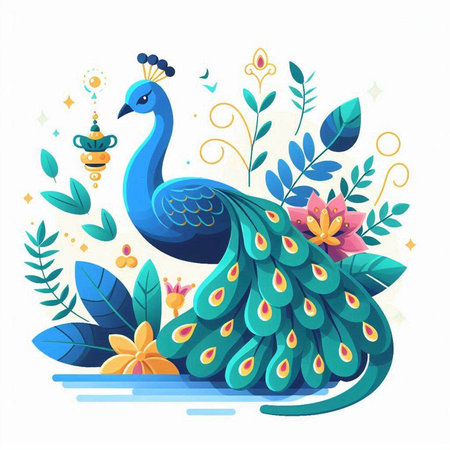 Peacock with flowers. Vector illustration in a flat style.のイラスト素材