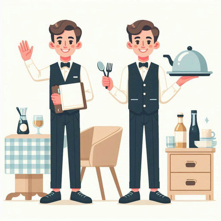 Waiter serving food to customer in restaurant. Vector illustration in cartoon styleのイラスト素材