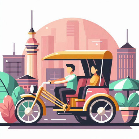 Tuk tuk rickshaw in the city. Vector illustrationのイラスト素材